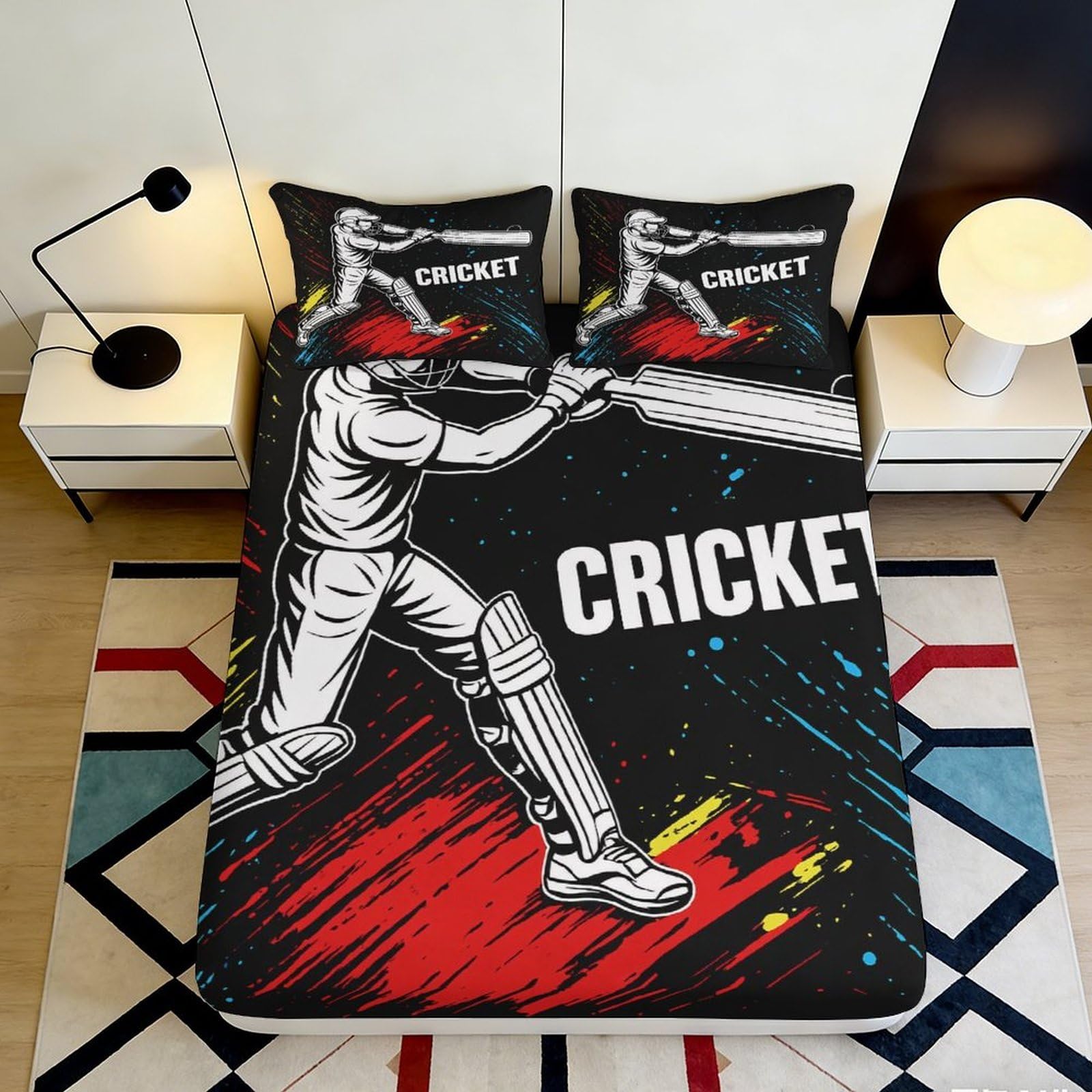 3D Printed Cricket Player Fitted Sheet Microfiber Black Red Sport Bed Cover for Bedroom Dorm Easy Care Decor 90x200x25cm