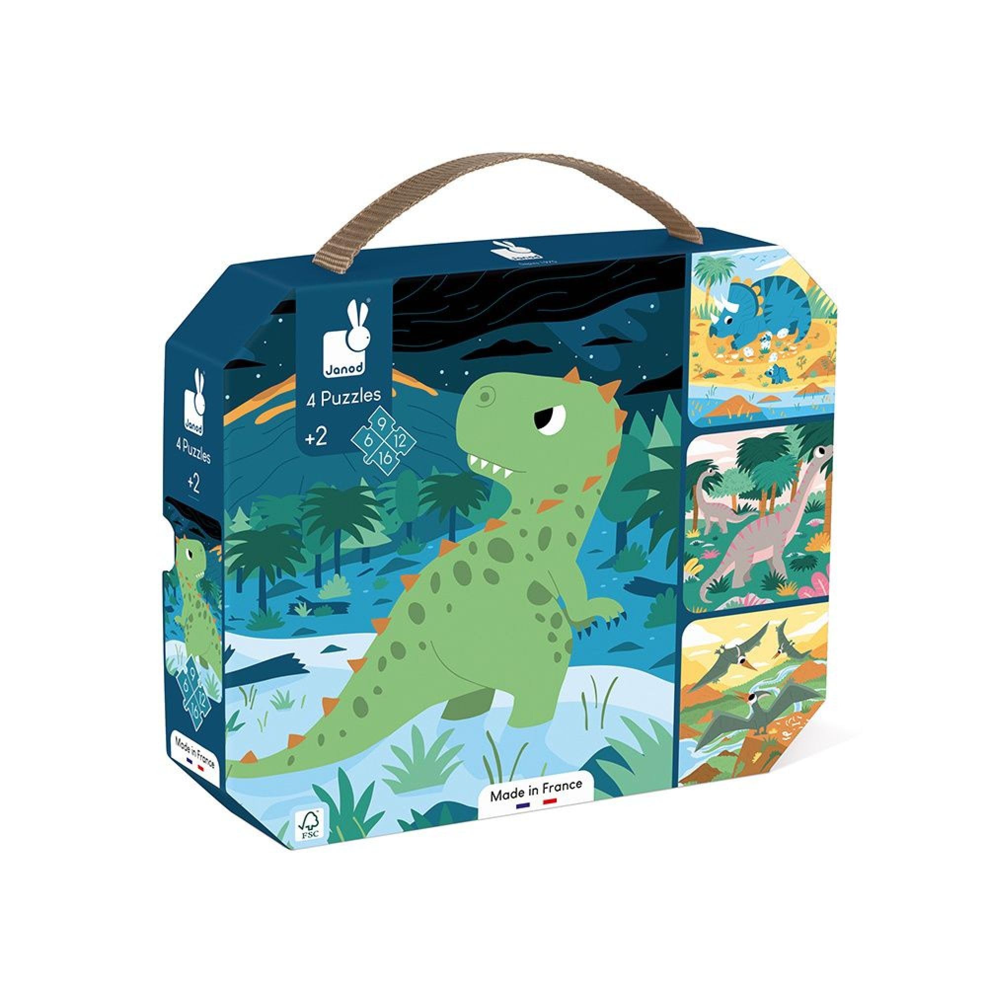 Janod - 4 Dinosaur Puzzles - Children’s Progressive Puzzle - From 6 to 16 Pieces - Develops Patience and Dexterity - Made in France - Educational Game for 24 months +, J02541
