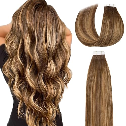 Lacer Extensiones de cabello humano real con cinta sin costuras color marrón chocolate a rubio caramelo extensiones de cabello real lacio de 12