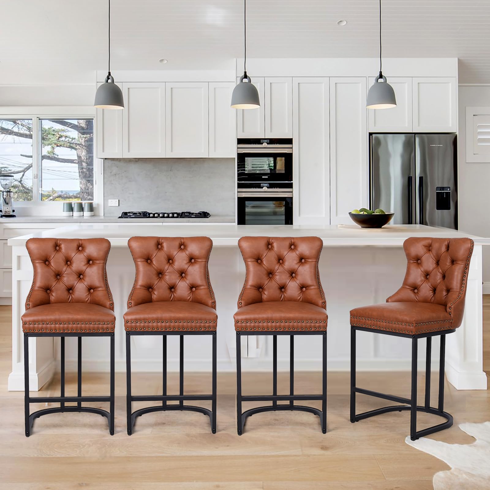 UVV Counter Height Bar Stools Set of 4, 26" Modern Barstools with Back, Faux Leather Upholstery Counter Chairs with Metal Legs for Kitchen Island, Bar