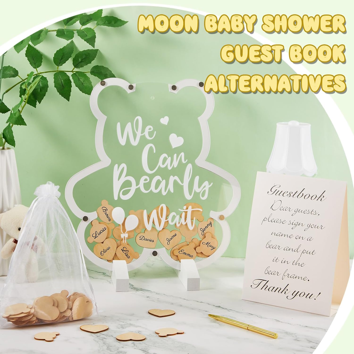 Kosiz Bear Baby Shower Guest Book, We Can Bearly Wait Acrylic Guest Book Alternative with Wooden Hearts for 60 Guests, Baby Shower Sign and Nursery Keepsake for Mom-to-Be