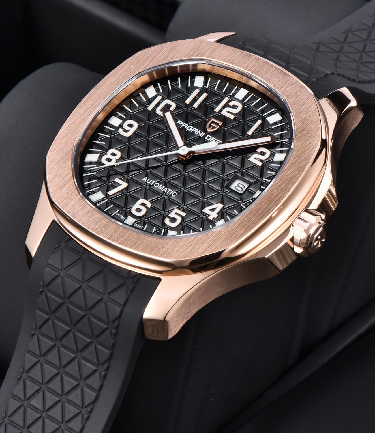 Pagani Design Automatik Herrenuhr Miyota 8215 Mechanisches Uhrwerk 41mm Edelstahl Analog Armbanduhren für Herren, Synthetisches Saphirglas Zifferblatt, 100M Wasserdicht, Kautschukband, Datumautomatik
