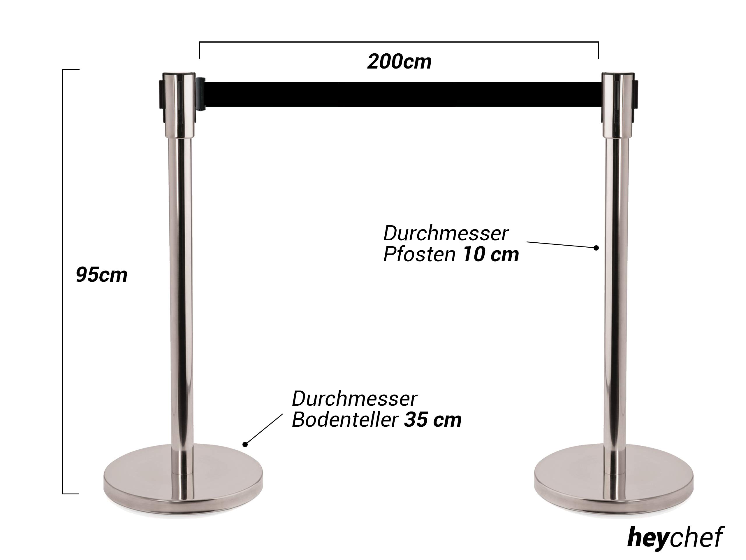 heyChef - 2er-Set | Absperrpfosten Edelstahl, Gurtband 200cm schwarz, VIP Bänder, Abgrenzungs-Ständer oder Personen-Leitsystem, Gurt Abstandshalter, Absperr-Pfosten
