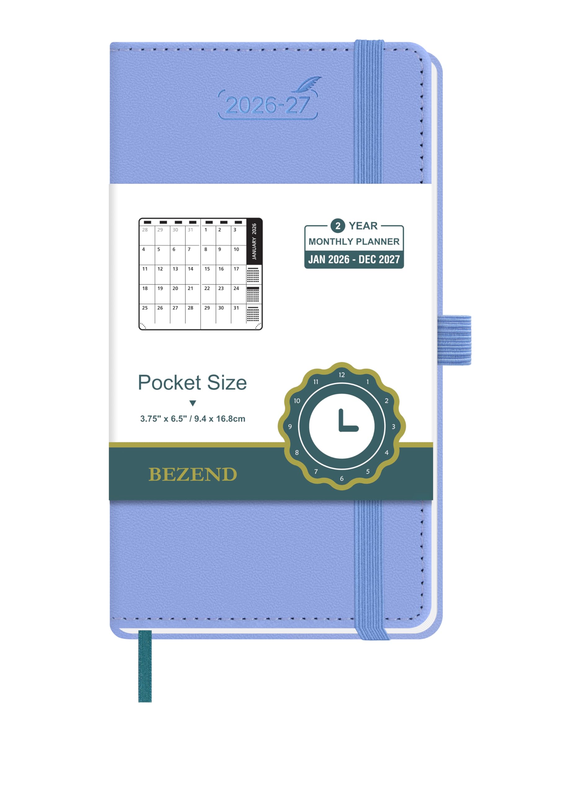 BEZEND Pocket Monthly Planner 2026-2027 (3.5" x 6.5") 2 Year Calendar Book for Purse with Note Pages, 100 GSM Paper, Inner Pocket, Pen Holder, Vegan