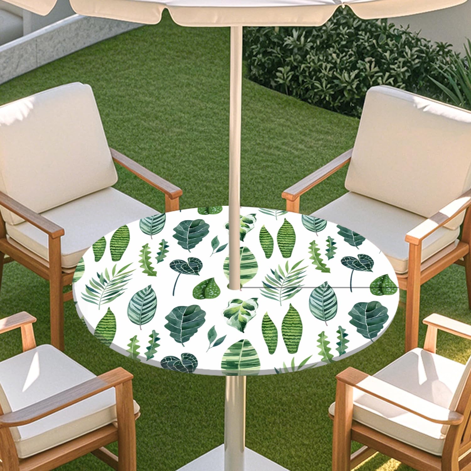 Odot Outdoor Tablecloth with Parasol Hole, Elastic Edge Round Fitted Table Cloth Protector Waterproof,Green Plants Wipe Clean Table Cover for Garden, BBQ, Party (Tropical Plants,M:91-112cm)