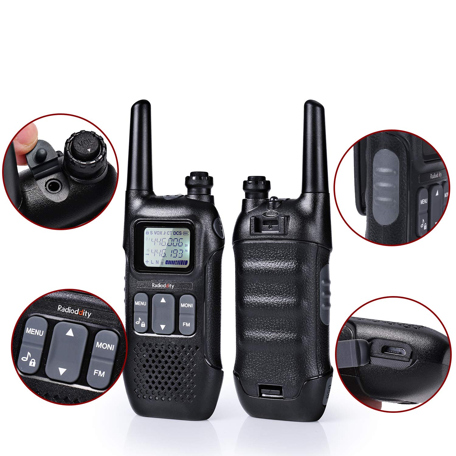Radioddity PR-T1 PMR446 Walkie Talkie Set mit LC-Display, Funkgerät 4KM Reichweite, 16 Kanäle PMR446 Lizenzfrei Wiederaufladbar Akku mit Headset für Abenteuer, Outdoor-Aktivitäten, Camping, 4 Stücke