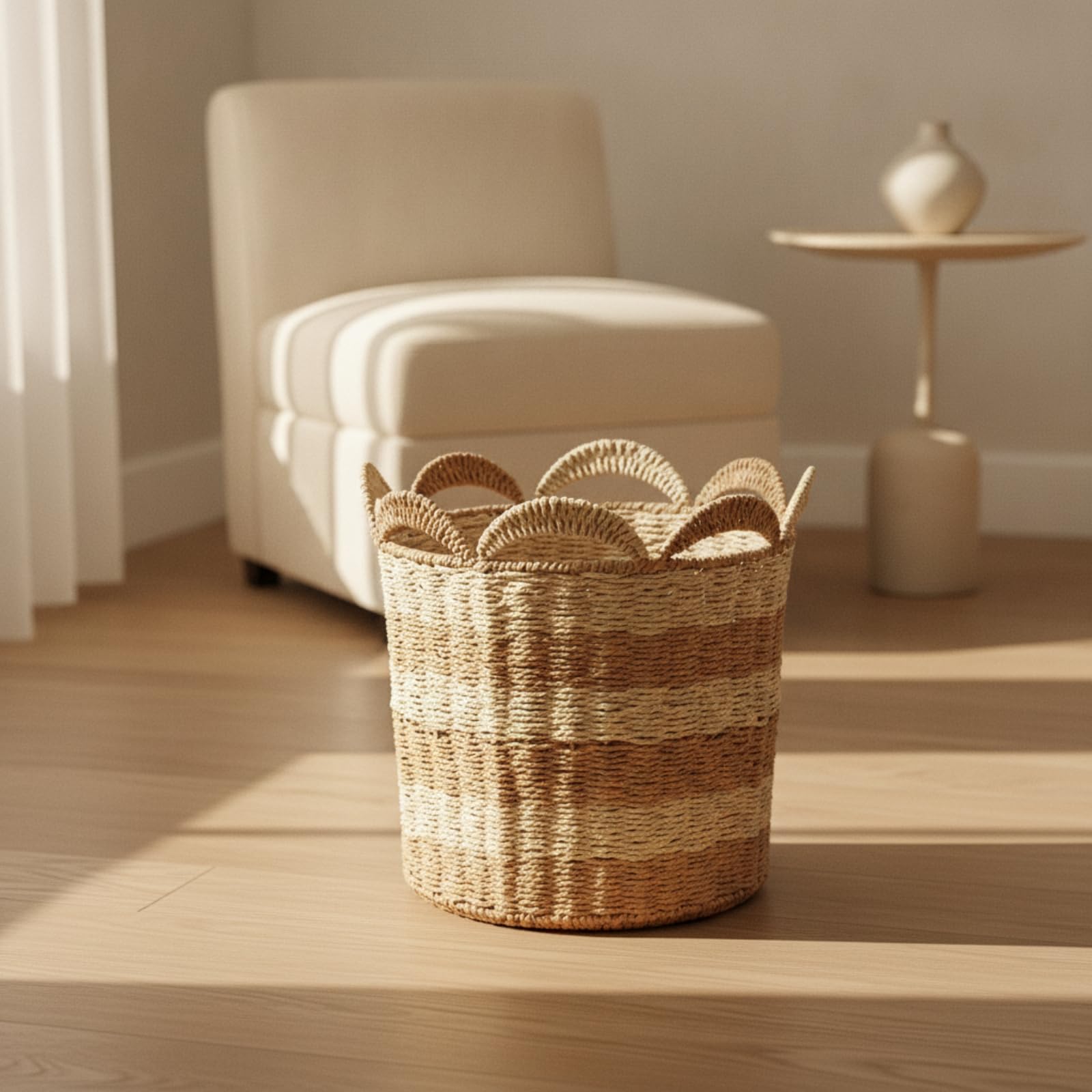 Cesto Intrecciato con Manici Rustico | Multiuso, Cesto in Corda di Carta, Leggero, Contenitore, per Camera da Letto, Famiglie, M