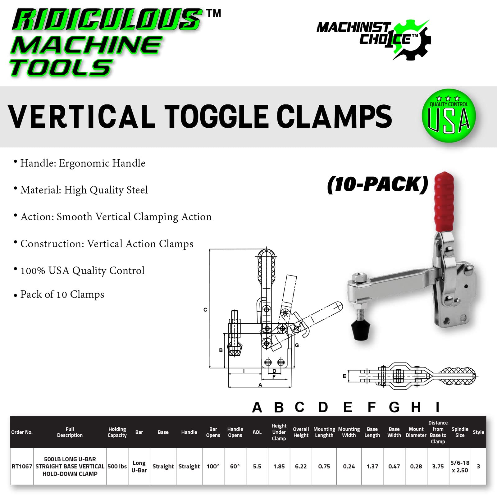 (10-Pack) 500LB LONG U-BAR STRAIGHT BASE VERTICAL HOLD-DOWN CLAMP(Same as 207-ULB)