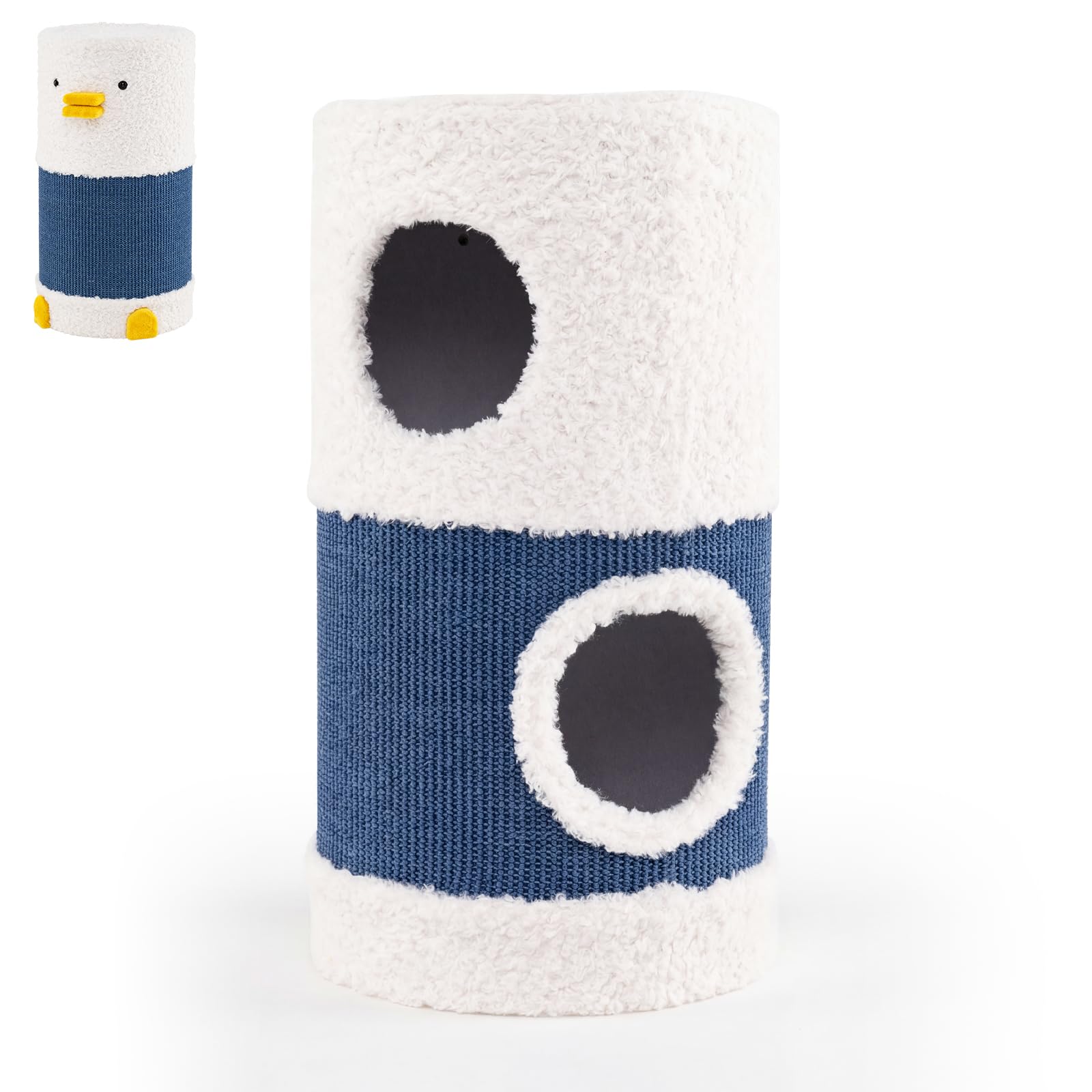 COSTWAY Kratztonne, Ø 35 cm, 66 cm hoch, Katzentonne mit Sisal-Kratzmatte, 2 Katzenhöhlen, Bett & Plüschrand, Kratzbaum für kleine und mittelgroße Katzen, Katzenbaum bis 15 kg, Blau