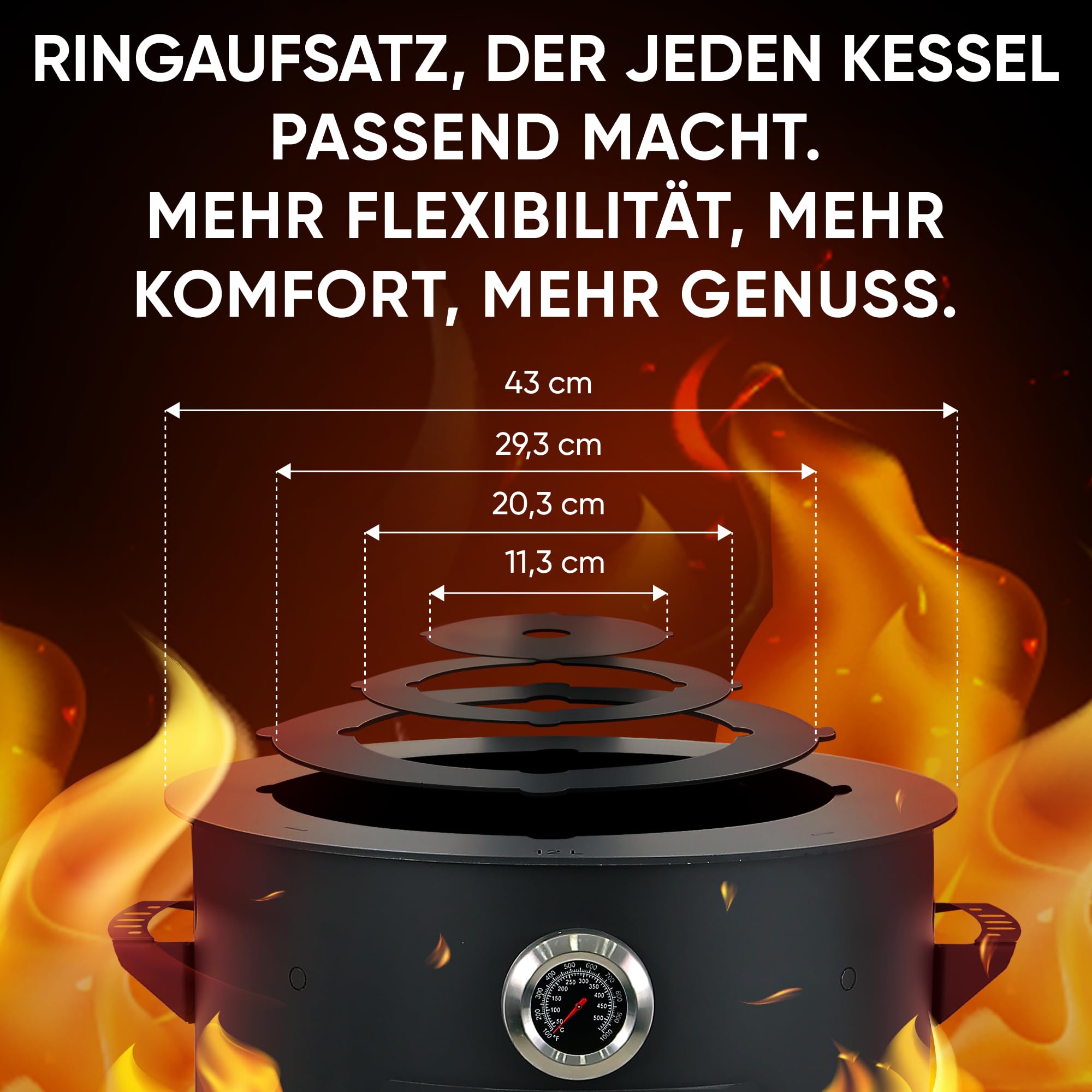 Utschak Uchag - Horno de fuego de 40 cm de diámetro, 2 mm, acero, 4 mm, Kazan, 12 L, base redonda con termómetro, cucharón para espumas Plov, Учак Учаг Uchag Asia (Set 508)