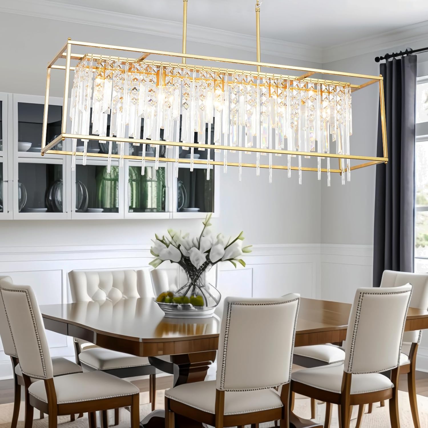 Modern Crystal Chandelier, Gold Rectangular Crystal Chandelier for Dining Room, 40" Top K9 Luxury Rectangle Farmhouse Light Fixture for Living Room, Kitchen Island L40xW12xH11