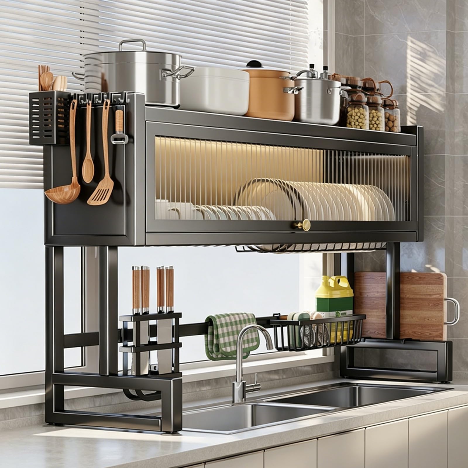 Escurridor de Platos Sobre el Fregadero,Escurreplatos Acero Inoxidable 2 Niveles con Puertas Abatibles Antipolvo,Ajustable en Ancho y Altura para Platos Vasos Ollas(105x30x81.5cm/41.3x11.8x32.1in)