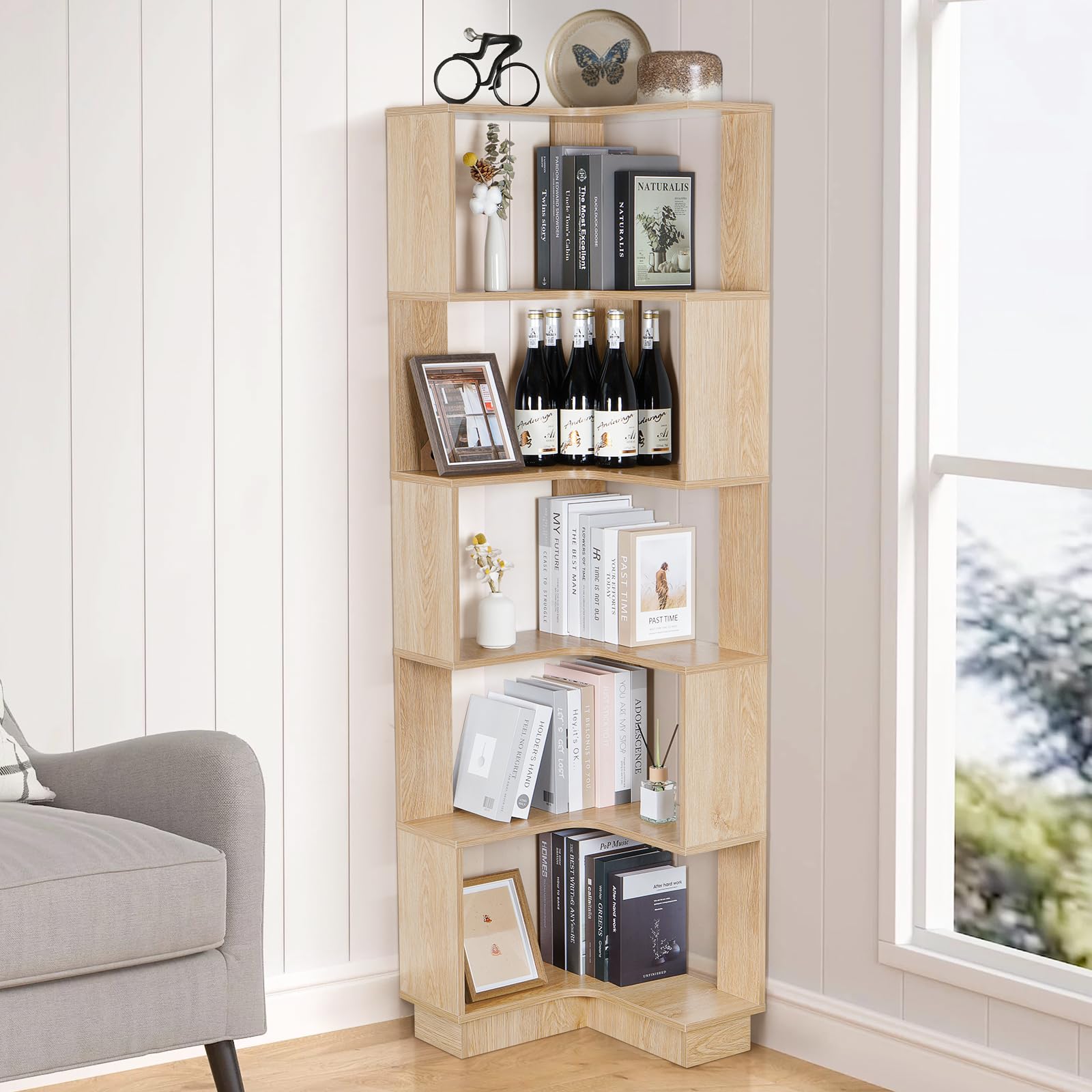 Estantería esquinera de madera, estantería esquinera de 5 niveles de 68.9 pulgadas, estante de almacenamiento en forma de L, estantería alta y grande abierta con accesorio para sala de estar 3