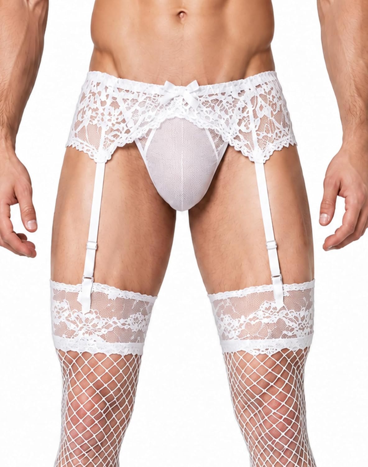 Men's 4-Strap Lace Garter Belt with Thong Adjustable Suspenders Garter Belts for Thigh Highs, S/M/L/XL