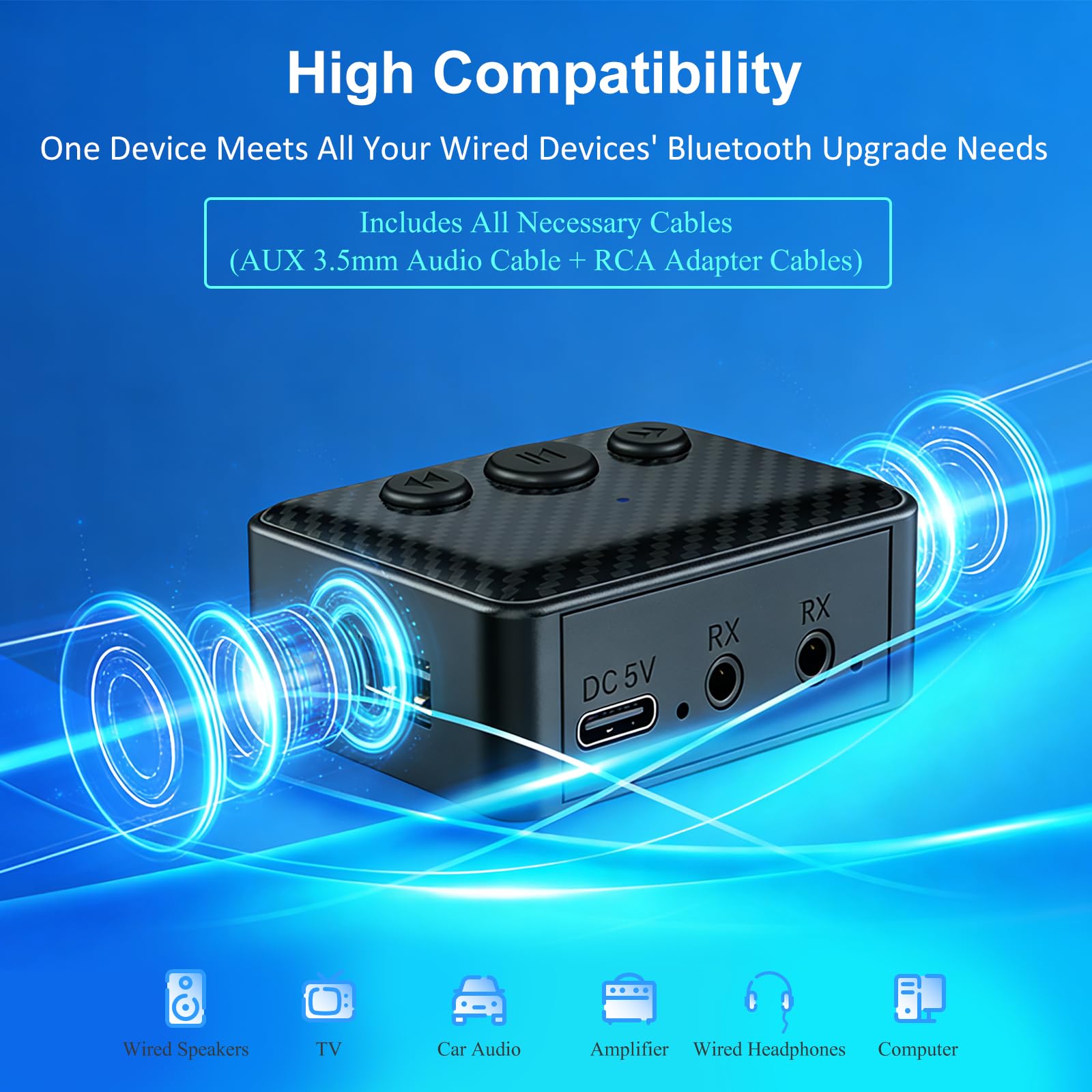 Adaptador Audio Bluetooth 6.0 Transmisor & Receptor 2-en-1,Bluetooth Adapter Receiver Transmitter,para Coche,TV,Altavoces & Cadena de Música con RCA,Cables AUX 3.5mm & RCA,Reproducción USB