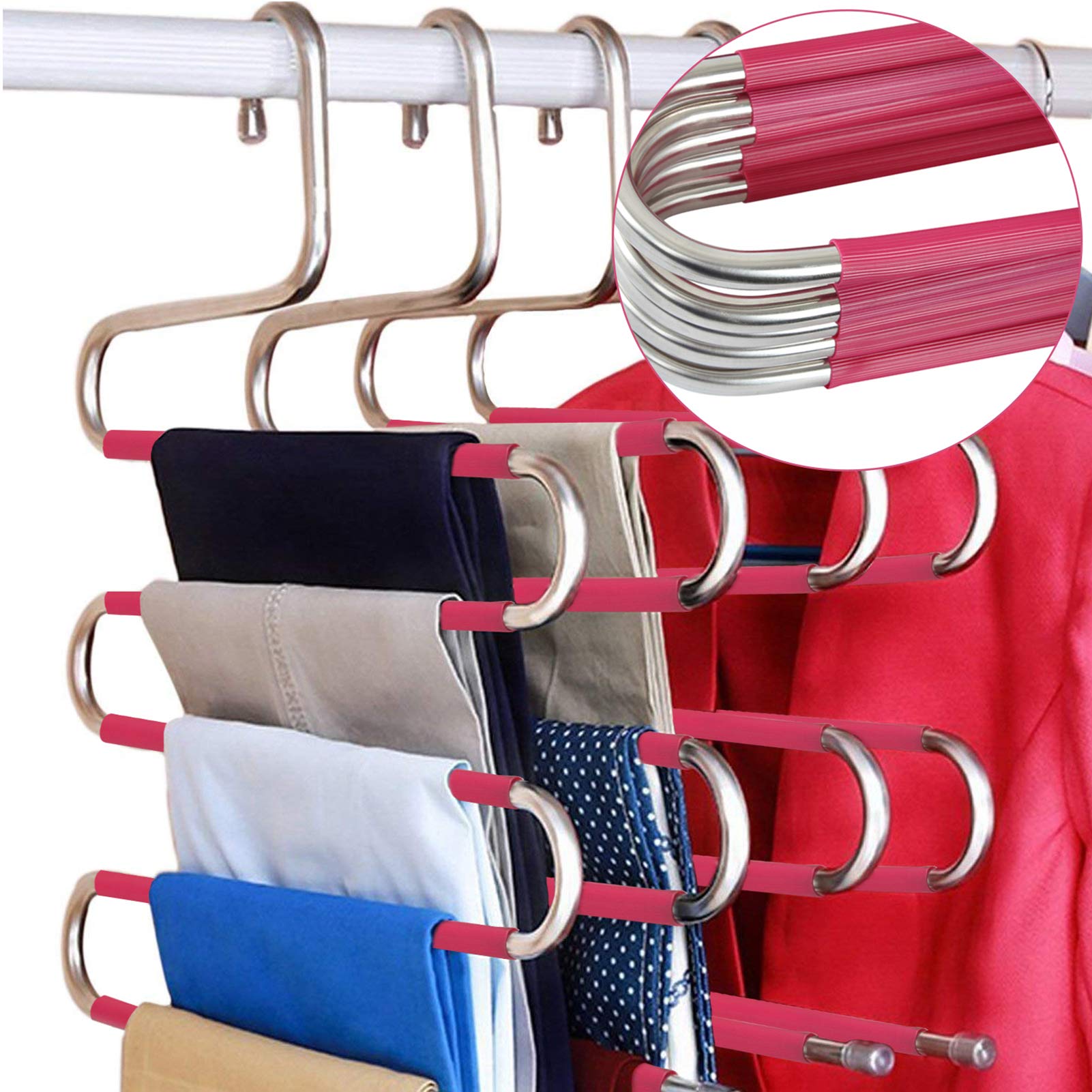 DOIOWN S-Type Stainless Steel Clothes Pants Hangers Closet Storage Organizer for Pants Jeans Scarf Hanging (14.17 x 14.96ins, Set of 3) (5-Pieces-Magenta(Upgrade Style))