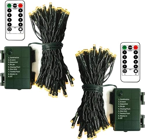 echosari Paquete de 2 Luces de Navidad a pilas de 16 pies, alambre verde, 50 luces LED con control remoto, temporizador, 8 modos, regulables para