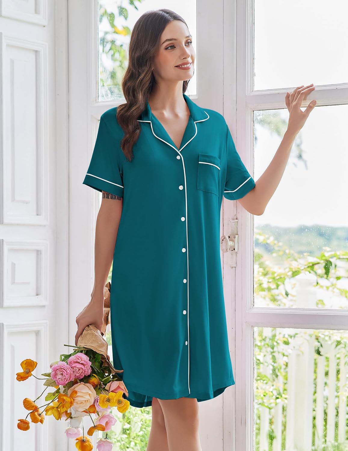 Ekouaer Nightgowns for Women Button Down Sleep Shirts Short Sleeve Nightshirt Classic Pajama Dress Soft Sleepwear S-XXXL - Image 4