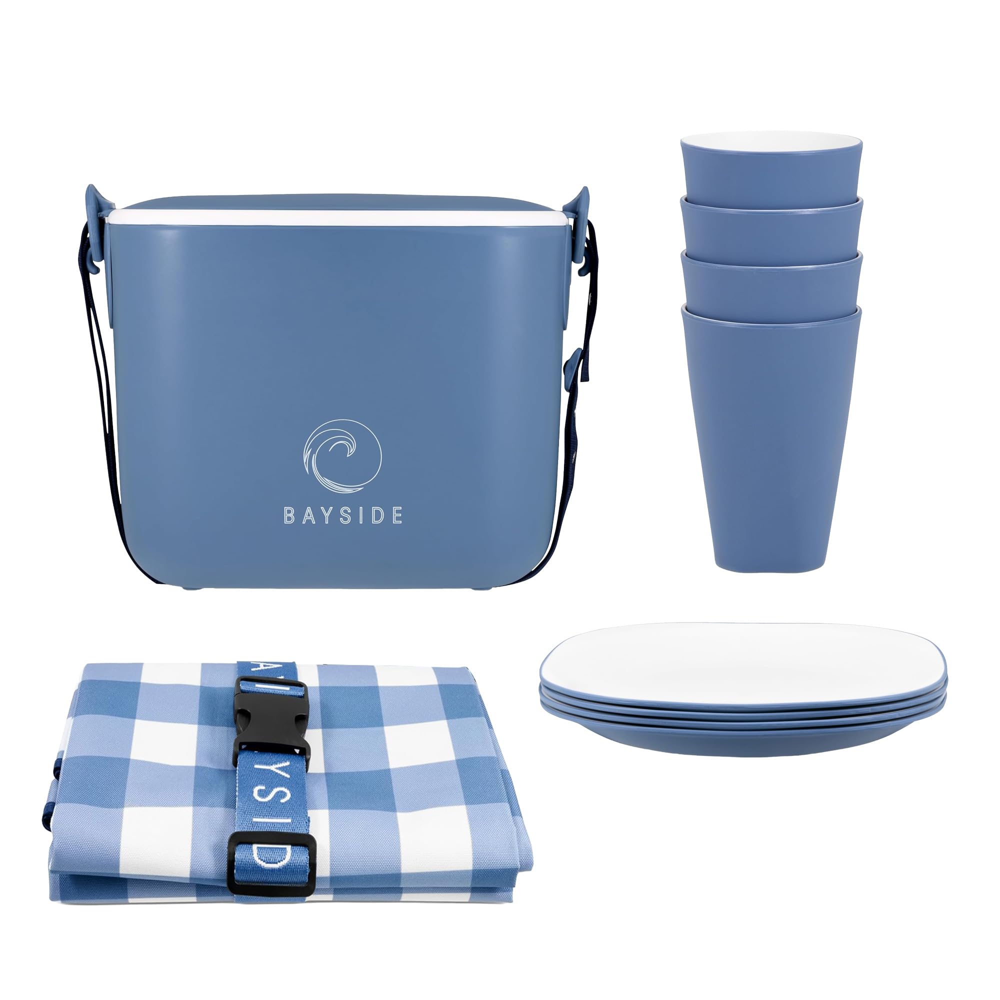 Blue Pool 5.5L Cool Box Set Including Large 145 x 145cm Picnic Blanket, Set Contains 4 x 8” Plates, 4 x 380ml Tumblers, Spillproof & Water Resistant Picnic Rug