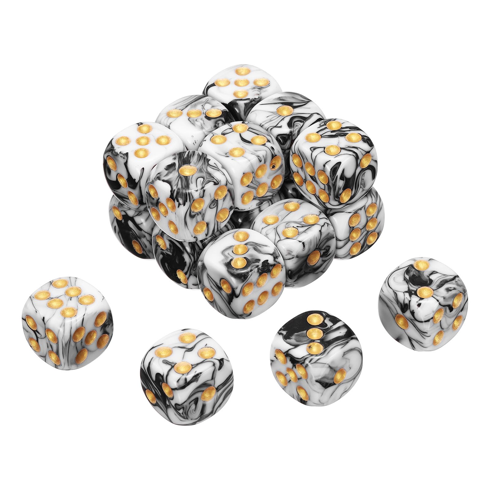sourcing map 24Pcs 6 Sided Colored Standard Dice, 16mm Acrylic D6 Mini Polyhedral Pearl Pattern Two Tone Colors Game Dice Set for Table Games, Black/White, Gold Point