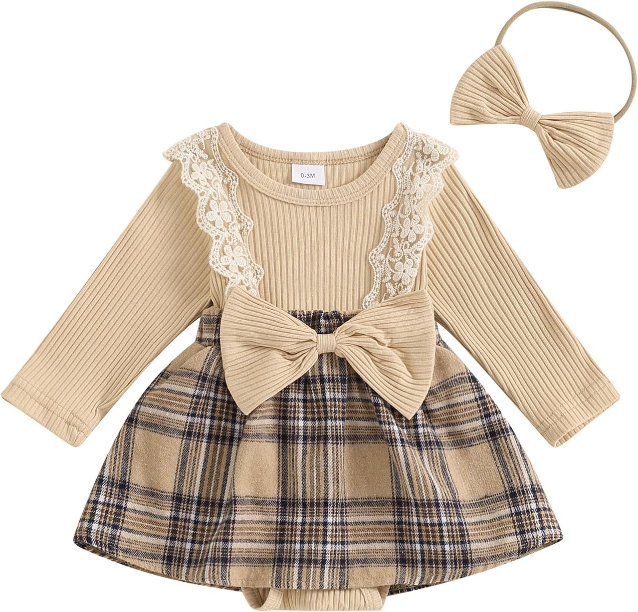 ZAXARRA Newborn Toddler Baby Girl Outfits Ruffle One Piece Romper Holiday Plaid Dress Fall Winter Headband Clothing Sets