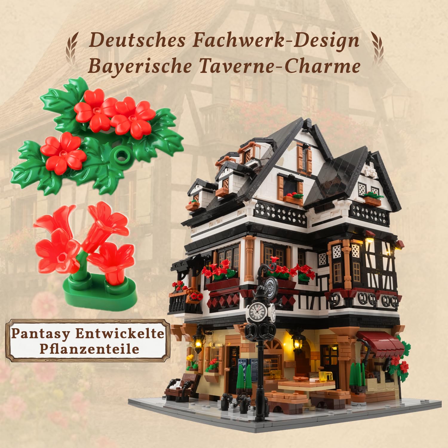 PANTASY Bayerisches Wirtshaus Bauset für Erwachsene mit USB-C-Licht | 3-stöckiges Fachwerk-Modell mit 11 warmweißen Lichtpunkten, USB-C-Anschluss, aufklappbaren Wänden und 43 Druckteilen