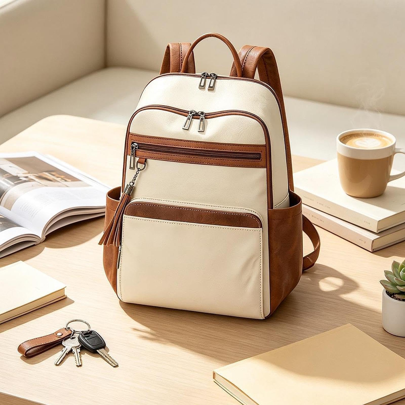 Zaino da Viaggio, Borsa per Il Weekend, Zaino per Viaggiare, per Pendolarismo, per Spostamenti Quotidiani, Bianco Marrone