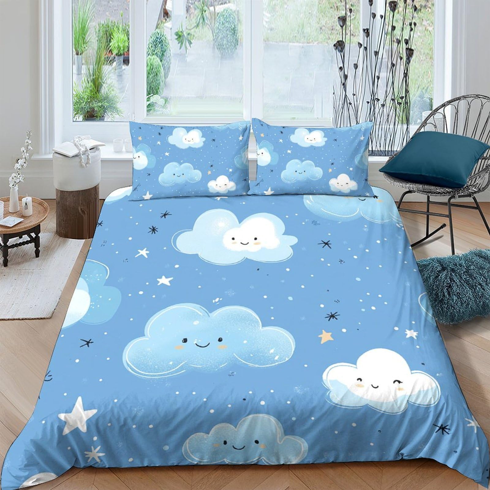 Ctjqhvkz Style-6 3D Printed Blue Cartoon Cloud Fitted Sheet Microfiber Soft Breathable Starry Sky Mattress Cover For Bedroom Guest Room Decor Single（135X200cm）