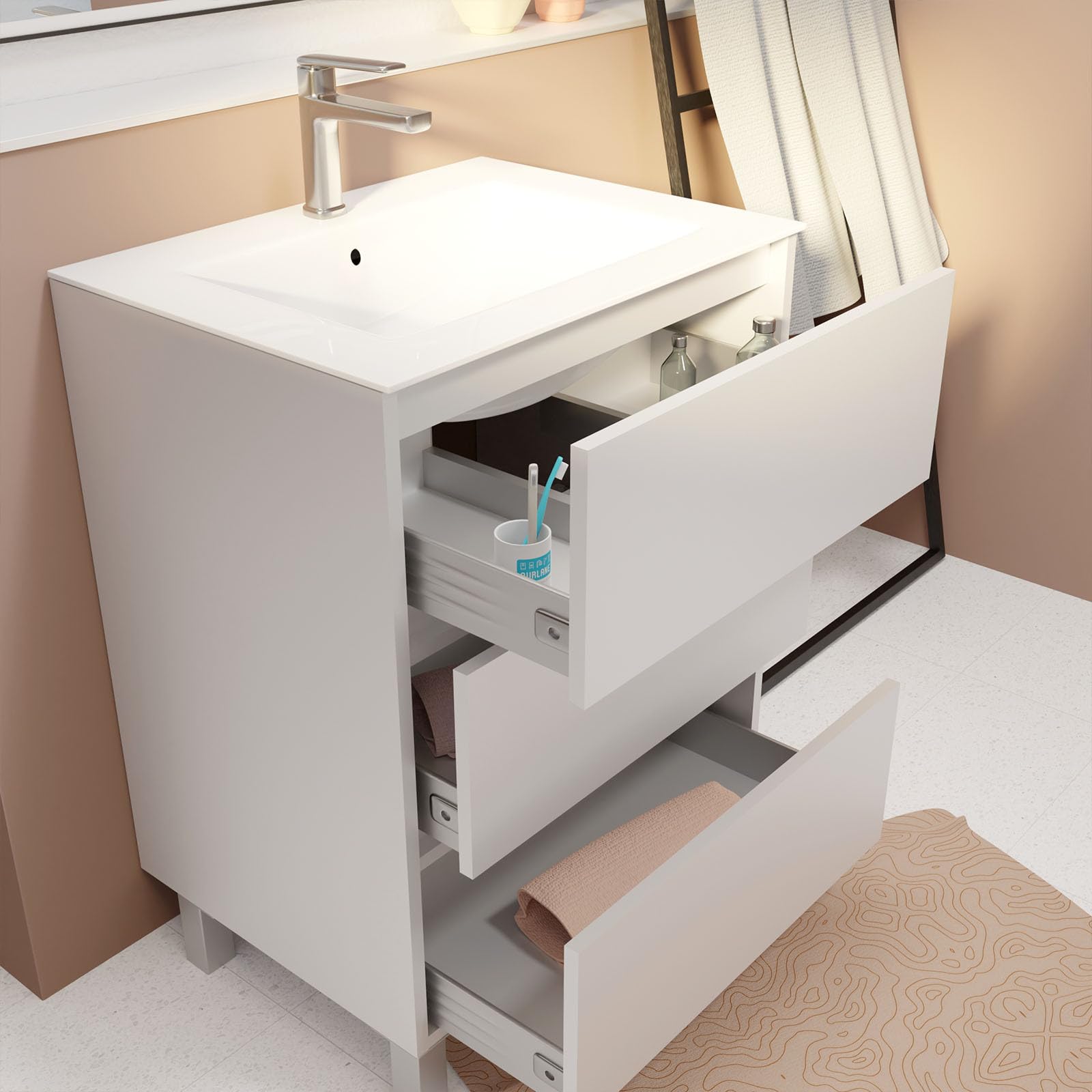 AURLANE Pack Meuble Salle de Bains 60 cm Laqué Blanc, 3 tiroirs avec Vasque Céramique - Xenos