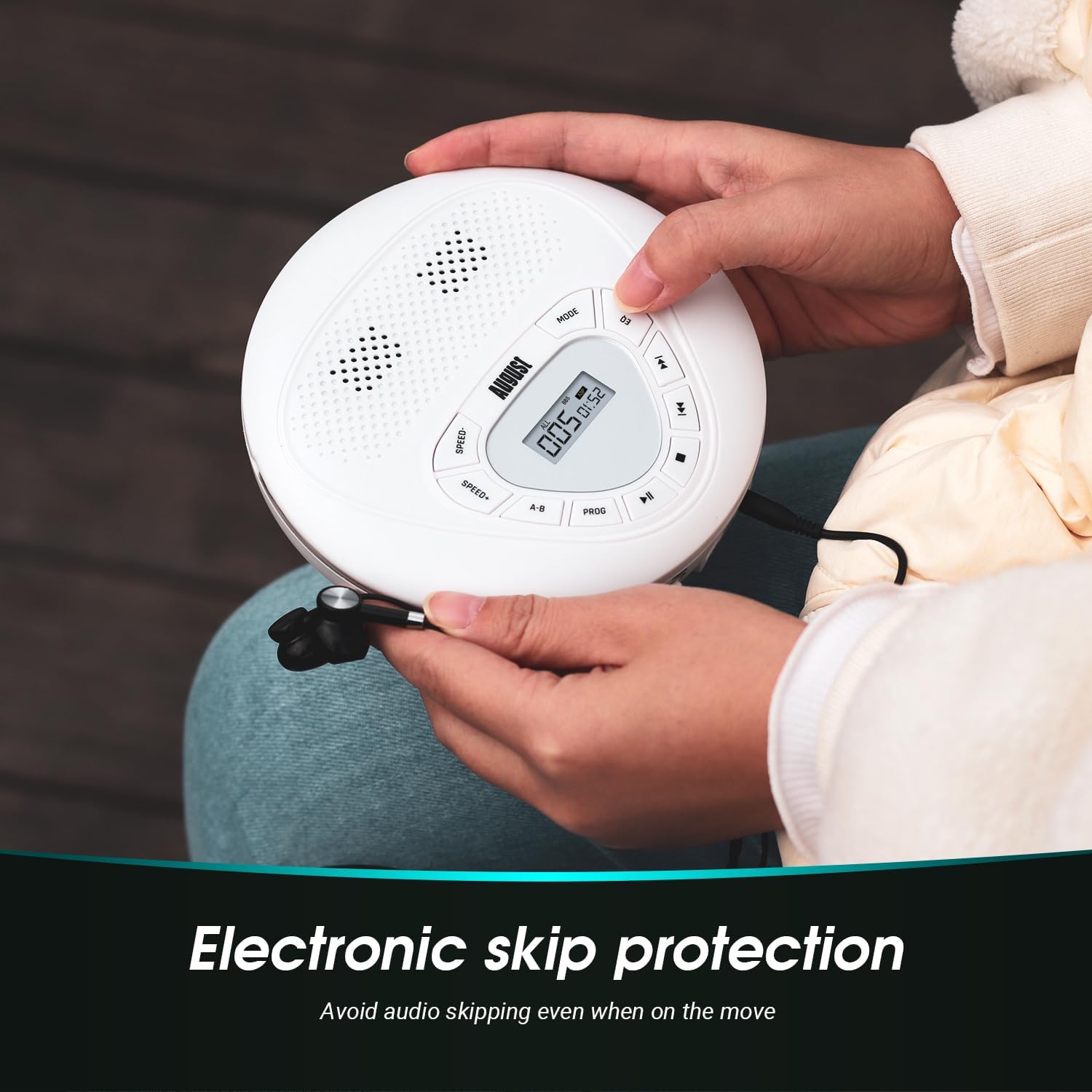 Portable CD Player with Rechargeable Battery - August SE10 - Dual Stereo Speakers, Anti-Skip Protection, Aux Out & MP3 Player, CD & MicroSD, for Home & Car Use - LED Display - Adults or Kids