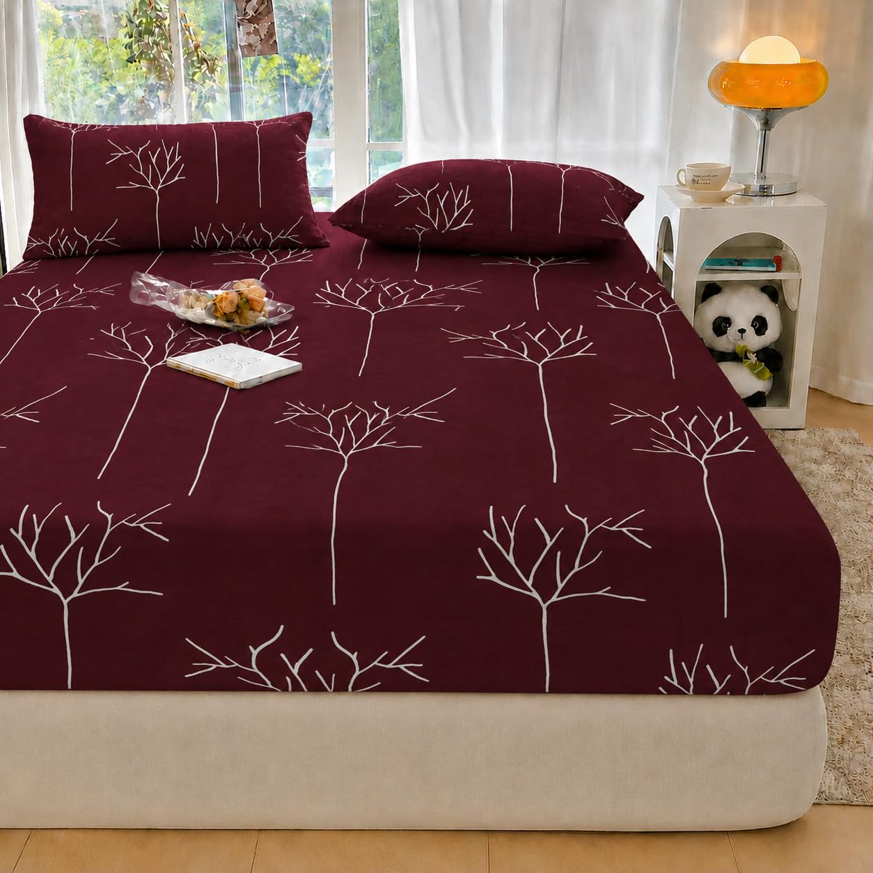 VOMZER - Home Decor Cotton 144 TC Elastic Fitted Double Bed Bedsheets with 2 Pillow Covers - King Size 78 x 72 (Maroon Tree)