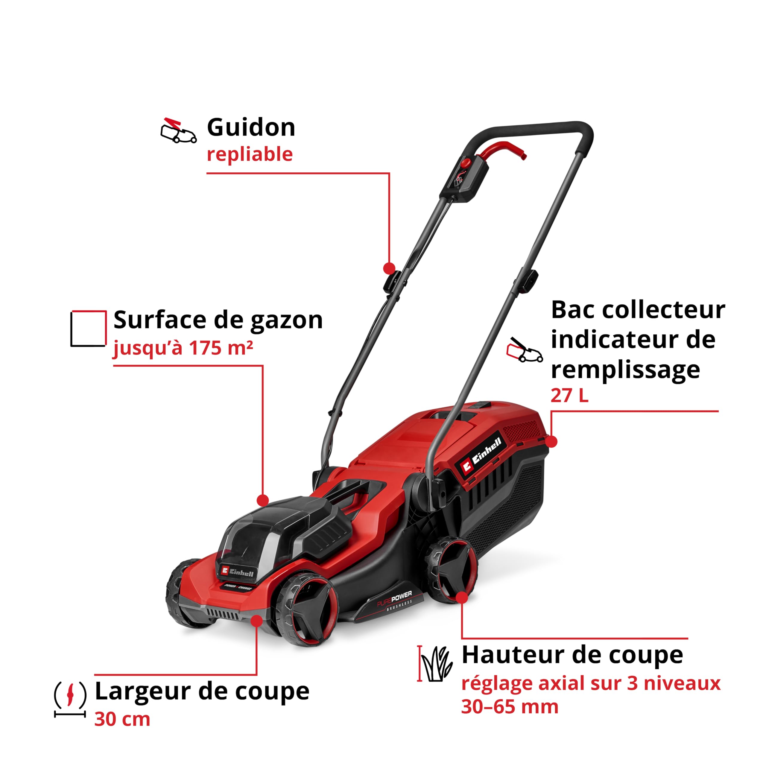 Einhell Tondeuse à Gazon sans Fil GE-CM 18/30-1 Li BL-Solo PXC (18 V, Largeur de Coupe 30 cm, Max. 175 m², Moteur brushless, bac collecteur 27 L, Hauteur de Coupe 30-65 mm, sans Batterie)