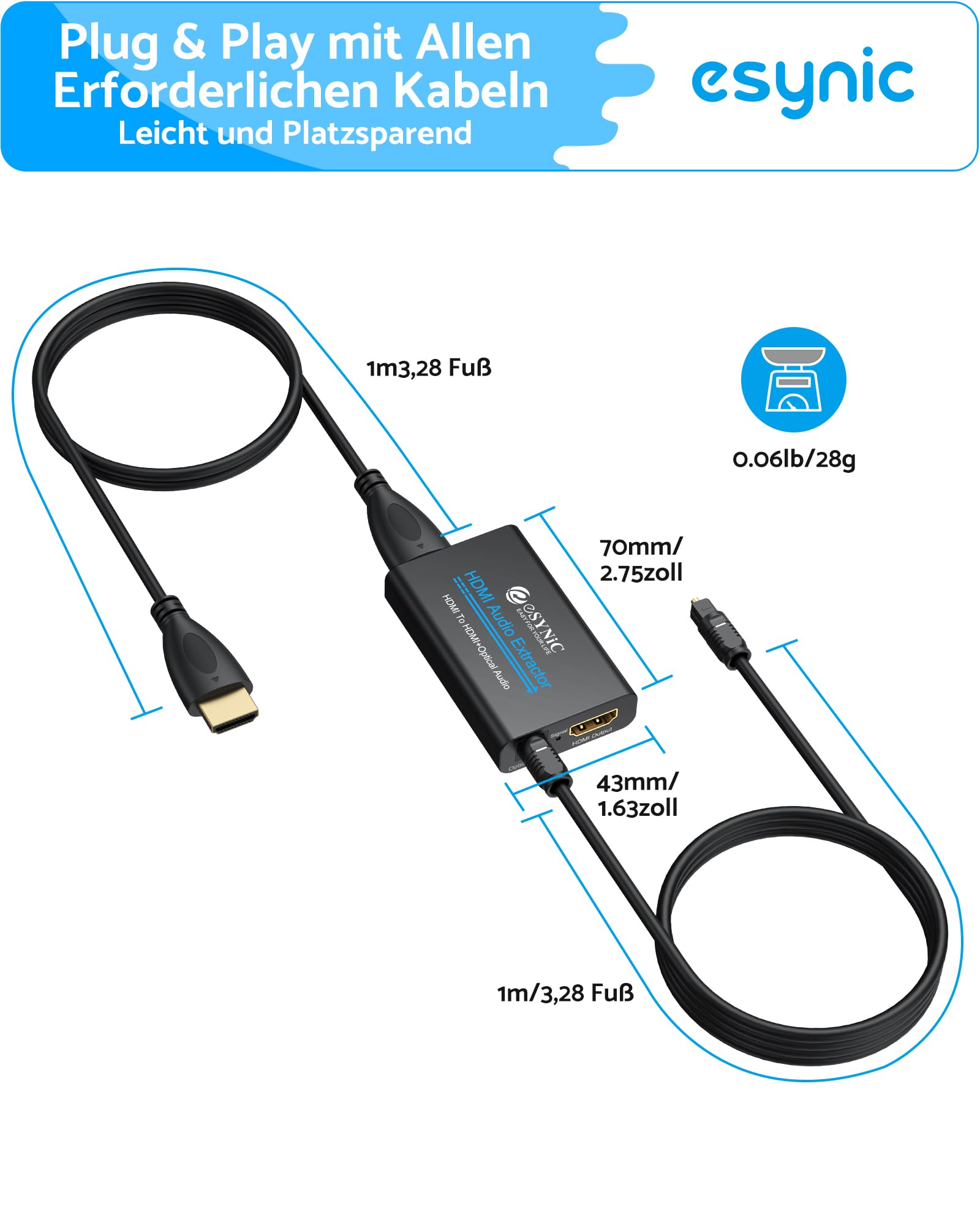eSynic HDMI zu HDMI Audio Extractor 4K Optisch Splitter Adapter mit Optischer Audioausgang für Fire TV Stick Spezieller Fernsehkonverter 5.1 DTS Soundbar Konverter Ohne ARC/eARC Plug & Play