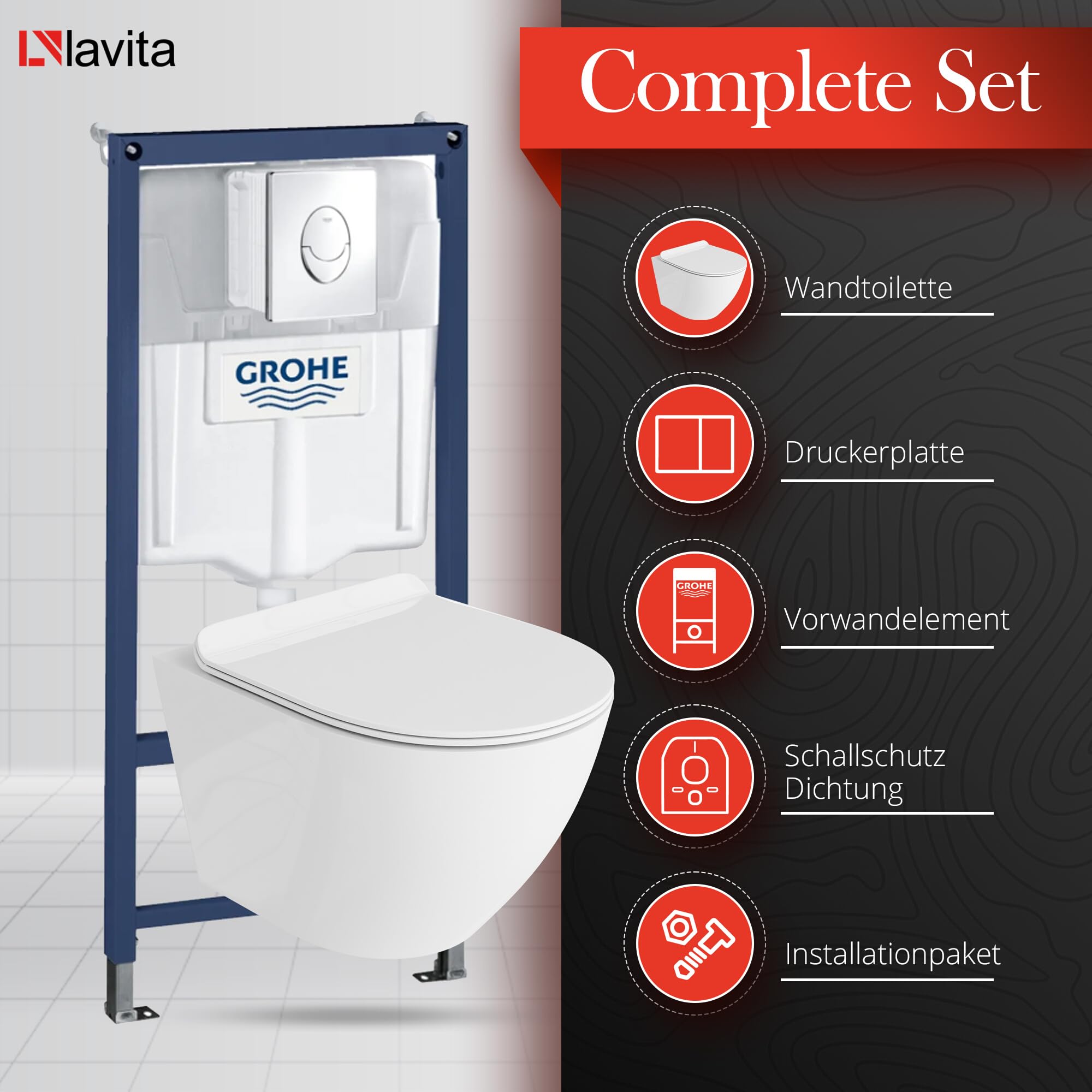 Lavita Vorwandelement Solido Start + Wand Hänge WC Sofi Slim Weiß Spülrandlos + WC Sitz mit Absenkautomatik Verchromter Knopf Komplettset Unterputz Spülkasten Toilette Komplett Sett WC