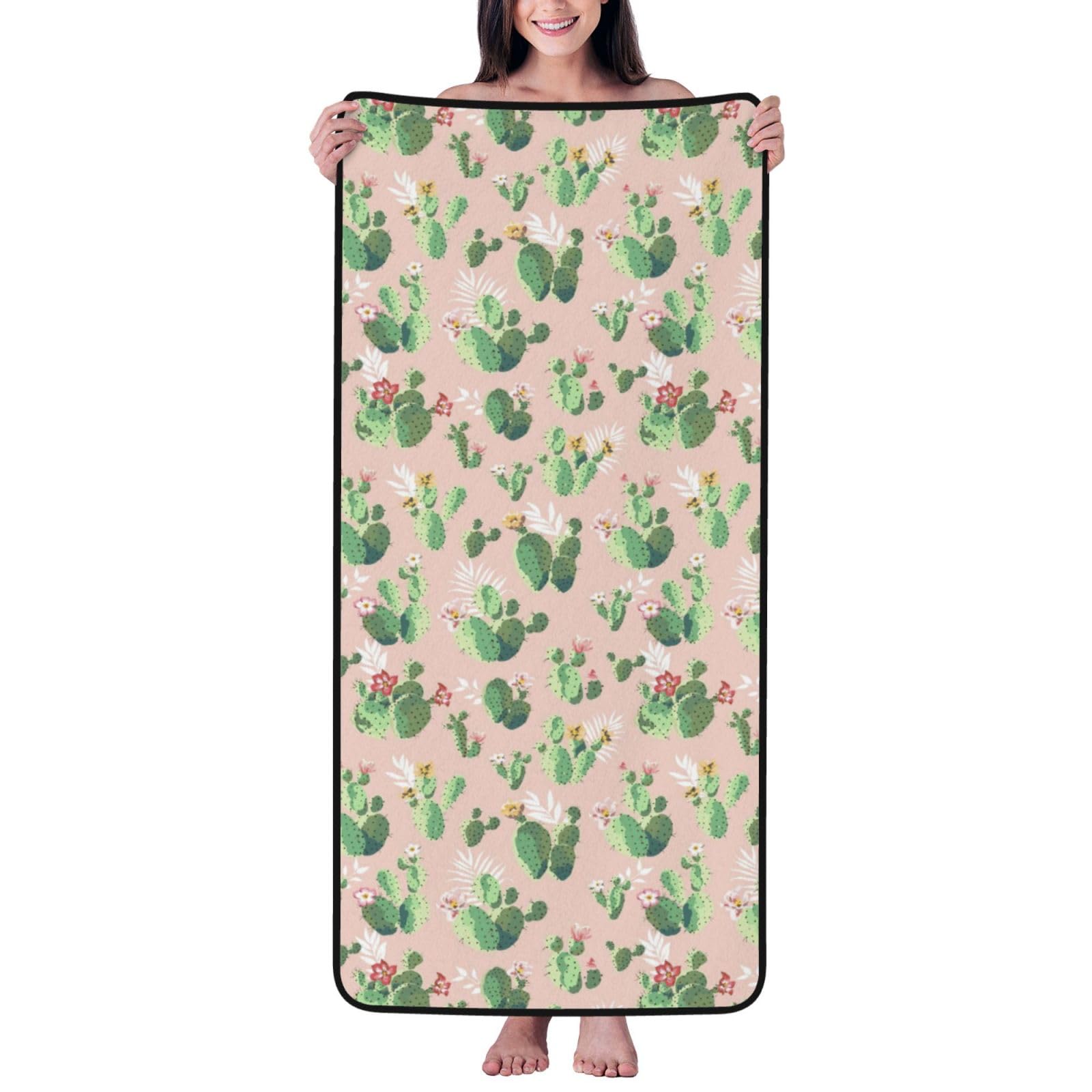 Ztpowqa Women's Black Cactus Pattern Print Coral Velvet Bath Towel For Home Gym Lounging Bathroom Spa Hotel Beach Travel