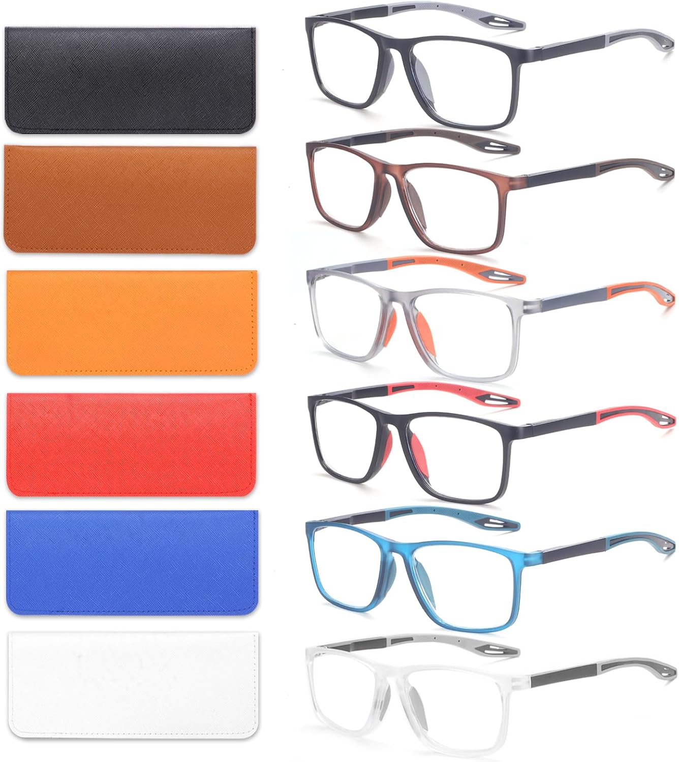 6 Pack Reading Glasses for Men Sports Style Blue Light Blocking Readers with Spring Hinge Women Eyeglasses Black & Red & Brown & Orange & Blue & Transparent 1.0 x