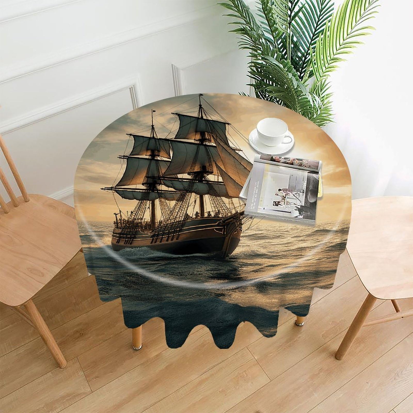 VstaDank Ship Sailing Alone Tablecloth Easy to Clean Polyester Round Table Cover Washable Round Table Cloth Wrinkle-Free Circle Decoration Tablecloth for Kitchen Dining Room 60"