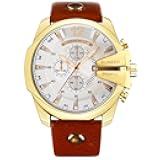 Men Watches Luxury Date Gold Male Fashion Leather Strap Outdoor Casual Sport Wristwatch with Big Dial (Gold White)