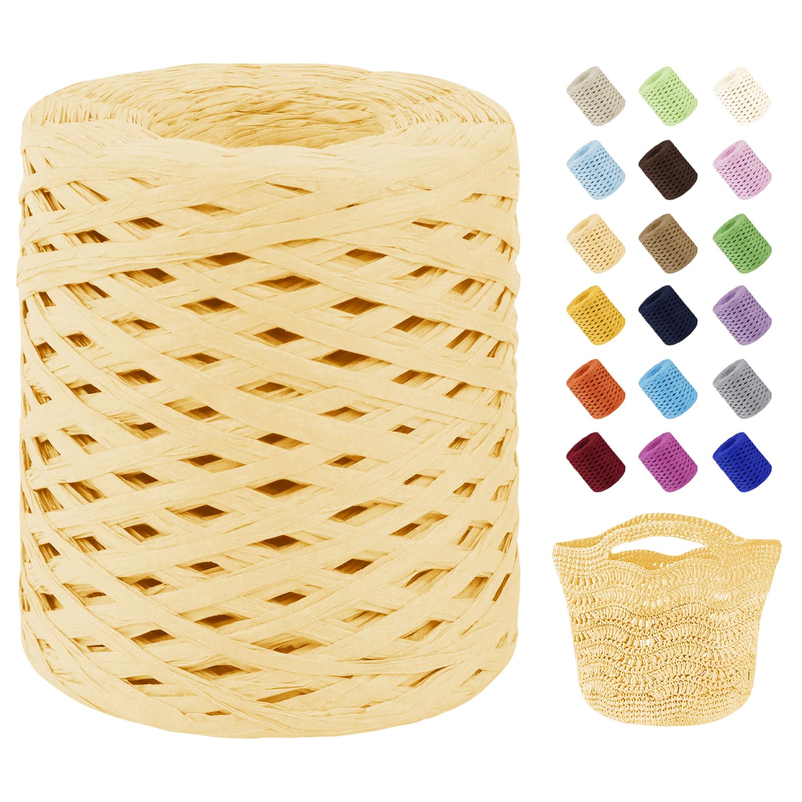 Uiopa Raffia Ribbon for Crochet, 3mm x 200m Raffia Paper Ribbon Straw Crochet Yarn for Crocheting Beach Bags, Sun Hats, Home Decor, DIY Crafts (Light Yellow)