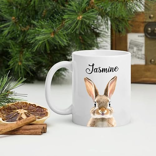 Miniatura 3 de Taza de cerámica personalizada con acento de conejo de 11 onzas, taza de café de conejo para amigos, compañeros de trabajo con nombre personalizado,