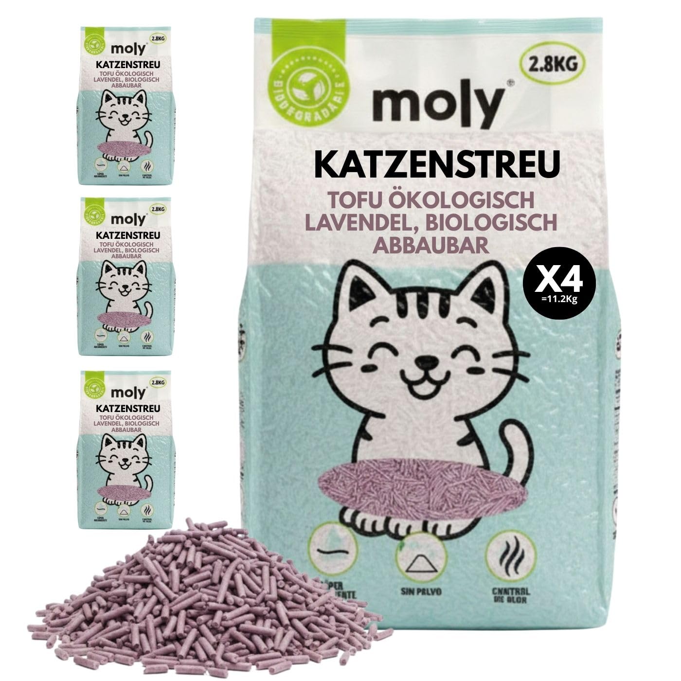 MOLY 4 x Tofu und Lavendel-Katzenstreu, 11,2 kg, 14,8 l, biologisch abbaubar und stark absorbierend, mit Lavendel- und Talkduft, vollständige Geruchskontrolle, staubfrei, hygienisches Mineraldeck