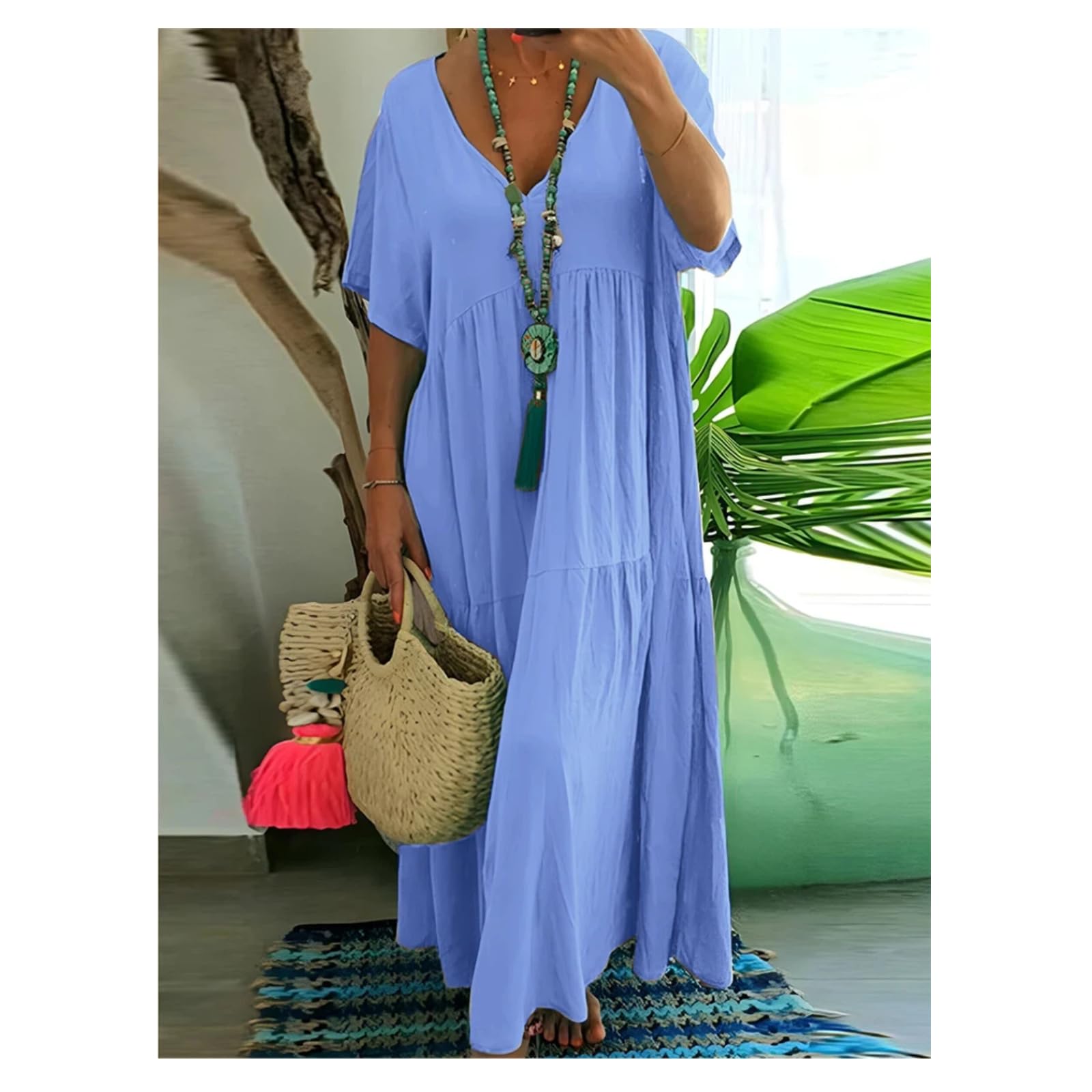 Vestido Largo de Mujer Casual Suelto de Escote en Pico, Primavera-Verano, Vestido de Mujer Plisado de Talla Grande