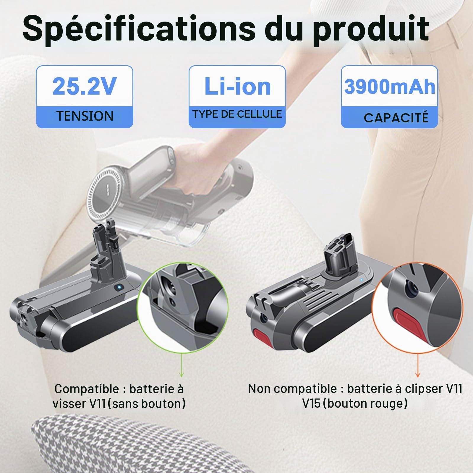 Batterie de Remplacement MXJFYY 25,2 V 3900 mAh V11 SV14 Compatible avec aspirateur sans Fil Dyson V11 (à Visser) SV14 Absolute Complete Fluffy avec Couvercle (ne Convient Pas aux modèles à Bouton)