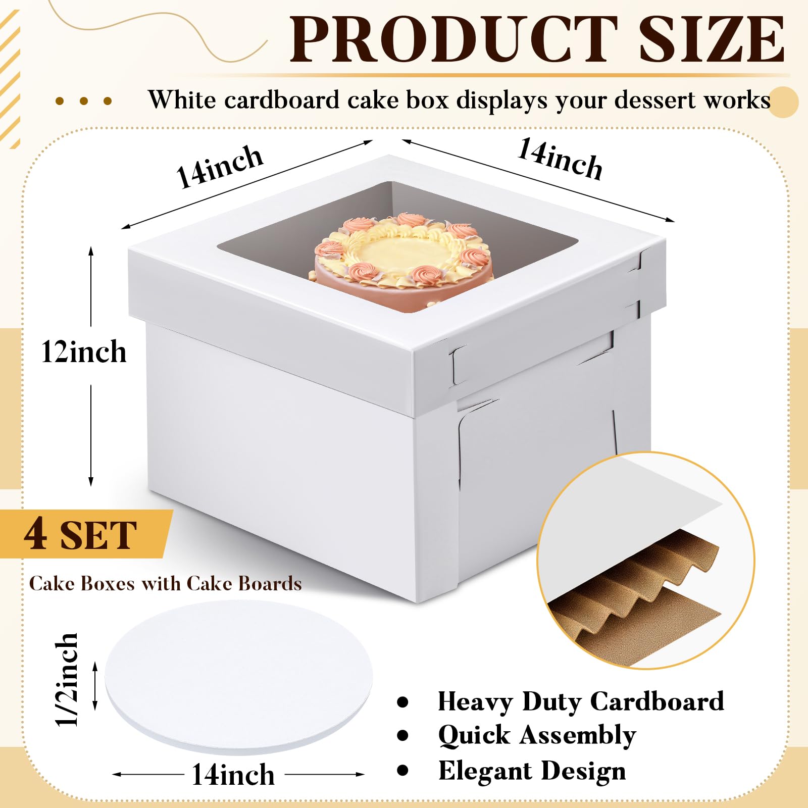 Kolldenn Paquete de 4 cajas para tartas de boda de 14 x 14 x 12 pulgadas con 4 cajas de tablas de pastel de cumpleaños con ventana para pasteles de nivel alto, tapas de soporte desechables
