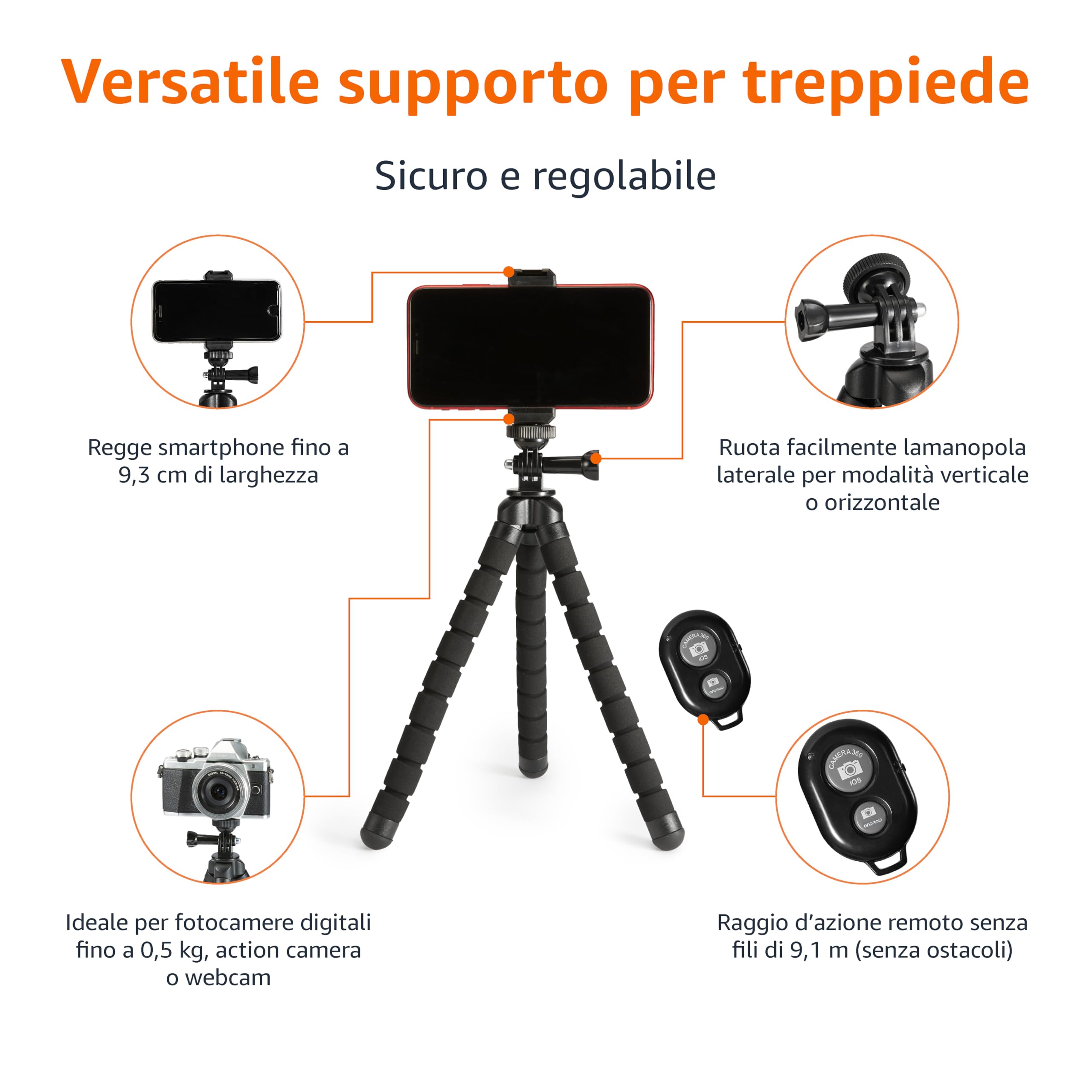 Amazon Basics Treppiede portatile e flessibile con telecomando wireless e morsetto per smartphone, 25,4 cm, nero