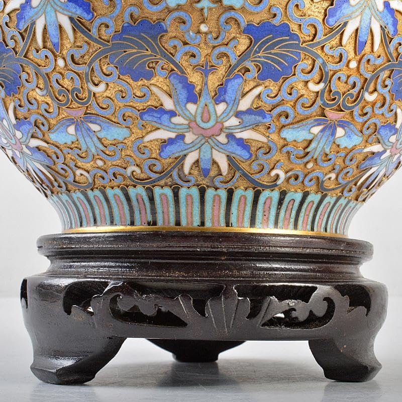 中国 古七宝琺瑯彩 花文 獅子摘蓋物 唐木台付 中国 古七宝