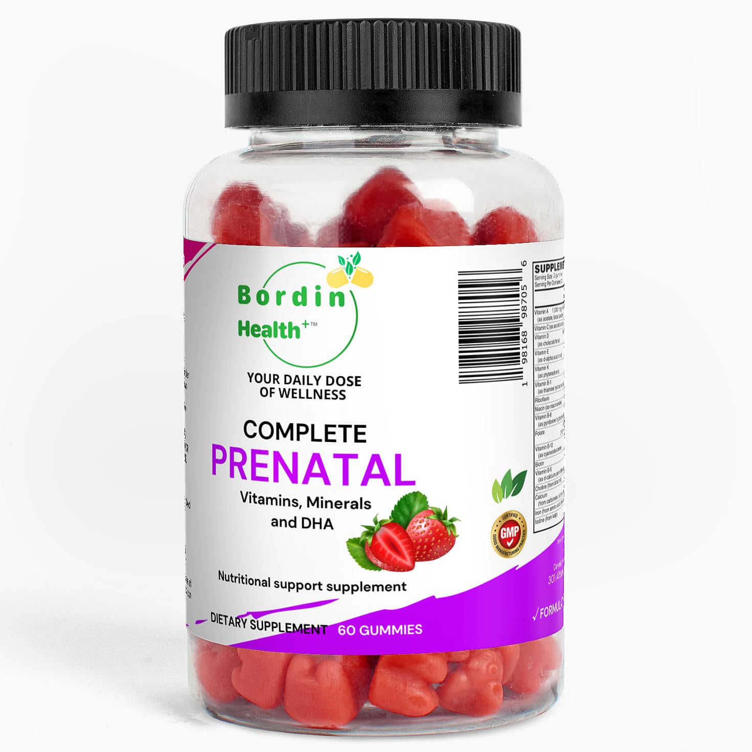 Bordin Health vitaminas pré-natais em gomas com ácido fólico, ferro, colina e ômega-3 DHA, 60 gomas