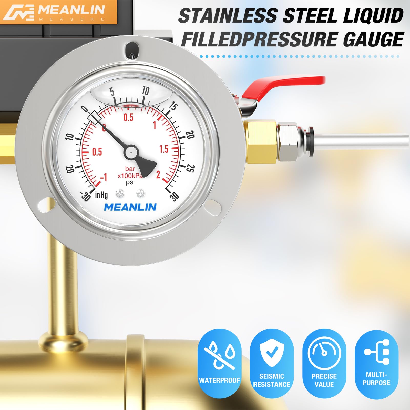 MEANLIN MEASURE -1~2BAR/-15~30PSI Manómetro de presión llenado con líquido,montaje en panel con brida frontal,1/4"BSP 2.5"FACE DIAL,caja de acero inoxidable con tornillo Phillips y tuerca,+/-3-2-3%.