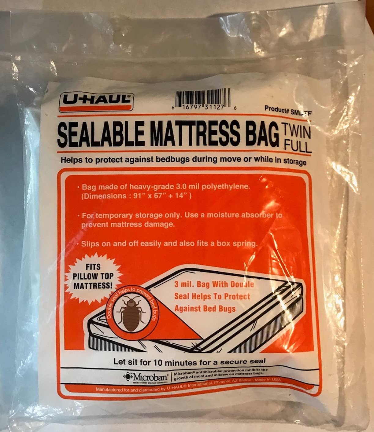 U-HaulSealable Mattress Bag - Moving and Storage Protection for Mattress or Box Spring - 3 Mil (Twin or Full Size Mattress) - 91” x 67” x 14”