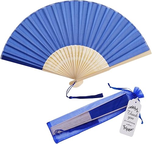 Miniatura 7 de SL crafts 50 Sets Imitated Silk Hand Fan with Tassel and Gift Bags and Thank You Gift tag Fabric Folding Hand Fans Bamboo Folded Handheld Fan